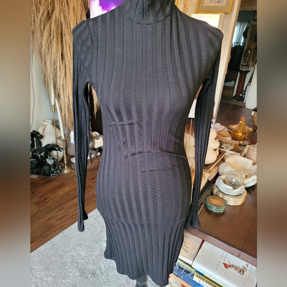REFORMATION Black Long Sleeve Ribbed Dress